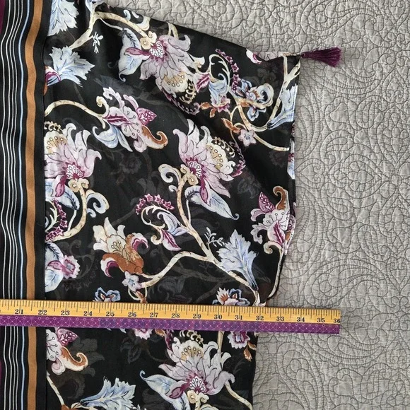 White House Black Market Kimono L XL Black Sheer Chiffon Tasseled Lagenlook Boho - Picture 9 of 10